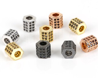 2PCS Hexangular Drum Barrel Charm Spacer Beads - Gold Barrel - Silver Barrel - Black Barrel -  Rose Gold Barrel - Micro Pave CZ Spacer Beads