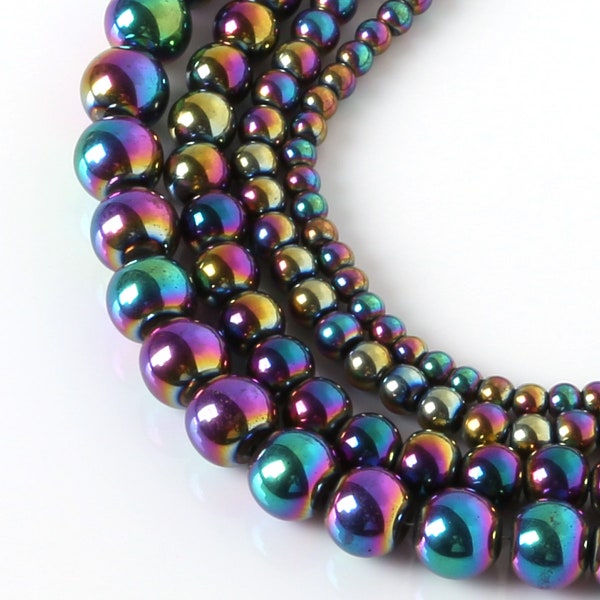 Rainbow Stone Hematite Round Loose Beads, Natural Gemstone, 4mm 6mm 8mm 10mm