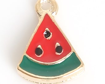 5pcs - Watermelon Slice Charm, Color Oil Drop Metal Red Watermelon Enamel Pendant, Fruit Pendant, Food Jewelry, 11x15mm