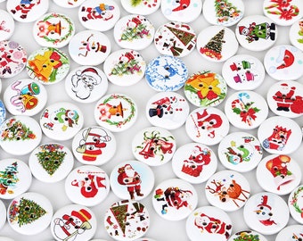 50PCS Christmas Wooden Buttons 20mm - Two Hole Mix Christmas Buttons - Santa Claus Buttons - Snowman Buttons - Christmas Tree Buttons