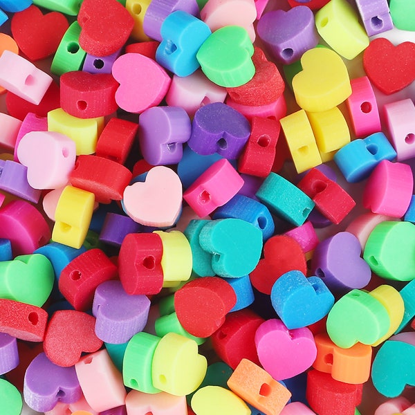 Heart Polymer Clay Beads 10mm - Rainbow Heart Polymer Beads - Kids Heart Beads Children Heart Beads for Jewelry Making - 30 Pieces