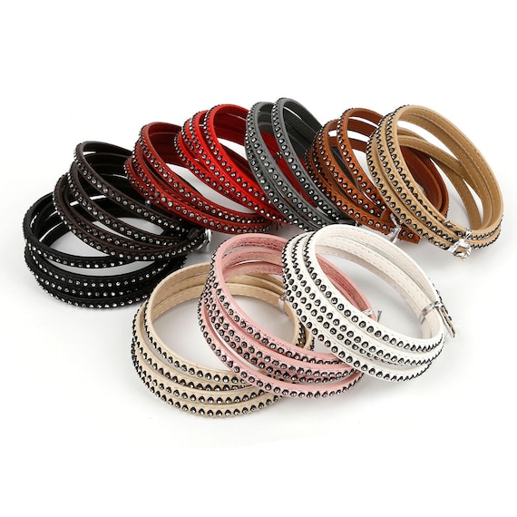9 COLORS of 100cm Flat Rhinestone Leather Cord - Crystal Wrap - Faux Leather Thread - 6x3.5mm