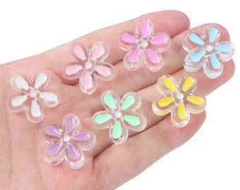 Acrylic Flower Beads in Clear Mixed Colors - Floral Jewelry - Flower Charms - 24mm Size 9mm Thick - 4mm Hole - 10 Pieces Random Colors