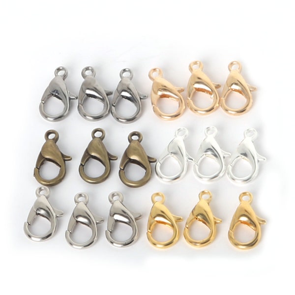 Bulk 100 Alloy Lobster Clasps 10mm 12mm 14mm 16mm Lobster Clasp Jewelry Clasps, Metal Clasps Necklace Supplies - Gold Silver Bronze Black