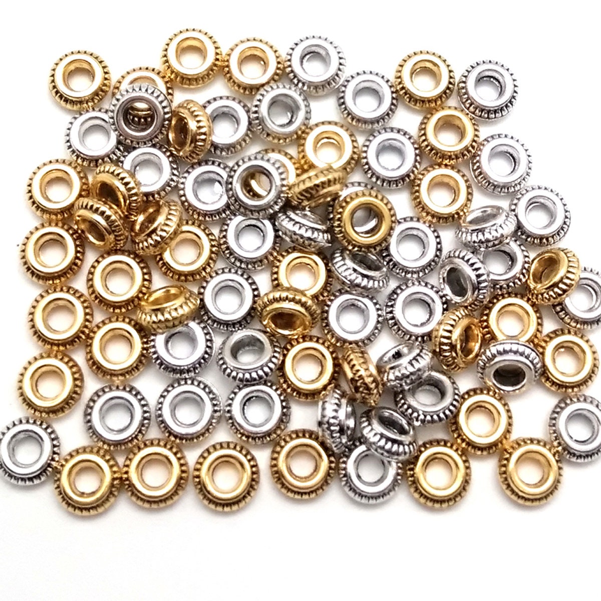 50 Gold Silver Flat Tire Spacer Beads - Donut Spacers - Spacer