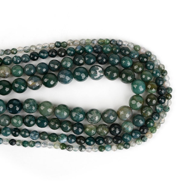 Perlas redondas facetadas de ábano natural de hierba de musgo- 4 mm, 6 mm, 8 mm, 10 mm - Hebra completa de 15 pulgadas
