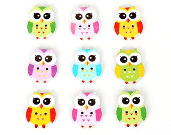 50個 - フクロウテーマの木製ボタン - 2穴ミックスフクロウボタン - フクロウボタン、19 x 25 mm、26 x 30 mm、32 x 33 mm