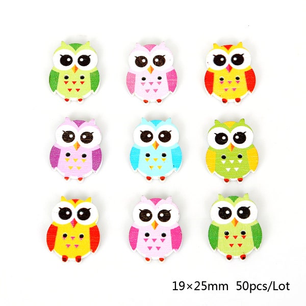 50pcs - Boutons en bois à thème Hibou - Boutons Owl à deux trous - Boutons Owl, 19x25mm, 26x30mm, 32x33mm