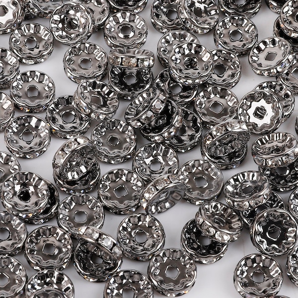 50pcs - Rondelle de strass en cristal tchèque, perles d’espacement noir de canon, (4mm / 6mm / 8mm / 10mm)