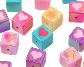 16mm Acrylic Cube Beads with Heart and Star - Pink Blue Purple Yellow - Heart Beads Star Beads - 2.5mm Hole Size - 5 Pieces