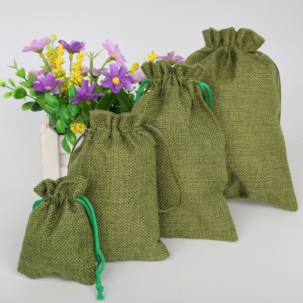 5pcs Green Burlap Pouches 4 SIZES - Burlap Gift Bags - Green Pouches - Green Drawstring Bags - Wedding Burlap Bags - Burlap Jewelry Bags