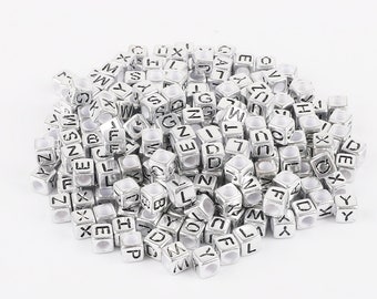 100 Silver Letter Cube Beads, Silver Alphabet Cube Beads, Silver Acrylic Cube DIY, Square Letter Beads