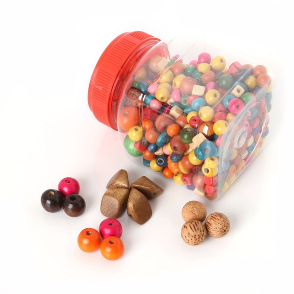 Mixed Children's Wood Beads with Jar, Wood Spacer Beads, 200 grams, Wooden Jewellery Making Beads