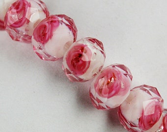 thumbnail image 2 of 8 Handmade Lampwork Glass Spacer Beads – Pink Scroll Rondelle – 14x9mm – 2mm Hole 2 of 6