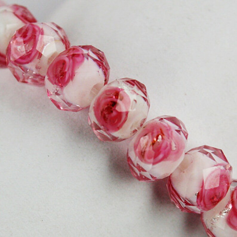 6x8mm 8x10mm 6pcs Pink Flower Inside Rondelle Faceted Loose Lampwork Exquisite Crystal Glass Beads