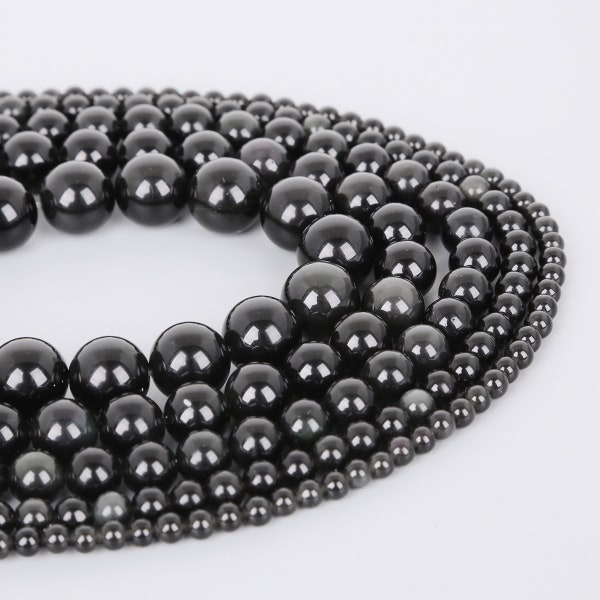 Natural Black Obsidian Round Loose Beads, 15" Strand 4mm 6mm 8mm 10mm 12mm