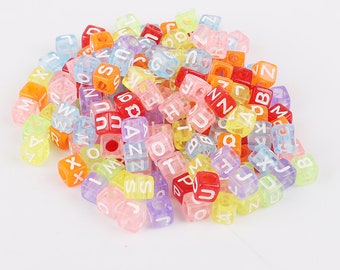 100 Transparent Rainbow Letter Cube Beads, Transparent Alphabet Cube Beads, Transparent Acrylic Cube DIY, Square Letter Beads