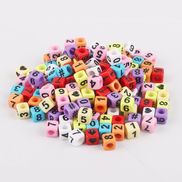 100 Multi Color Heart Number Hashtag Cube Beads, Multi Color Acrylic Cube DIY, Square Number Heart Hashtag Mix Beads