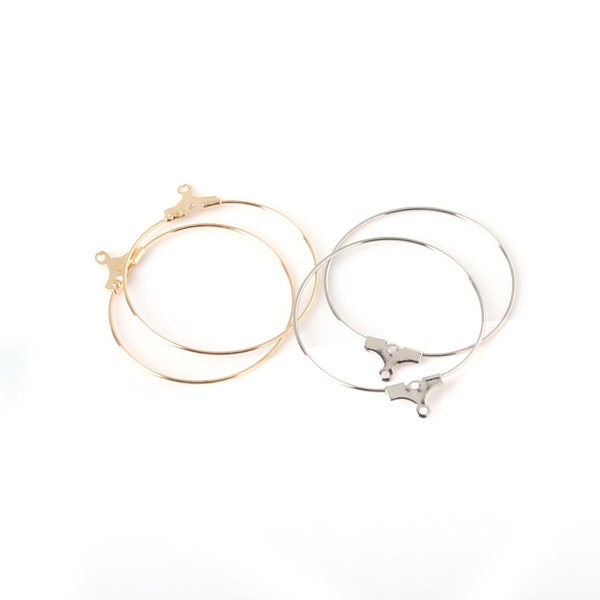 50pcs Silver or Gold Hoop Earring Findings - Ear Hook Bulk Jewelry Supply Lot - DIY Wine Charm Rings - 30mm