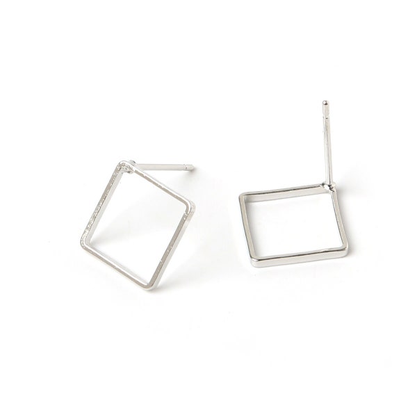 20 pcs White Silver Square Ear Posts 13mm, Silver Plated Brass Geometric Earring Studs