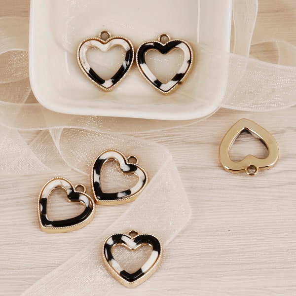 2pcs - Heart Pendant, Black and Gold Acrylic Heart Charms, Geometric Jewelry, Heart Necklace, Necklace Charm, 19*18mm