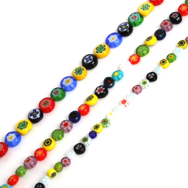 Millefiori Flower Flat Round Coin Glass Beads, Perles colorées, Murano Beads, 4mm 6mm 8mm