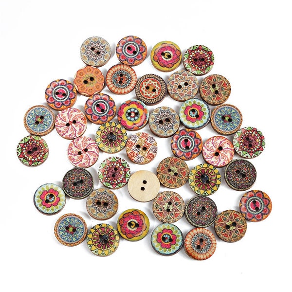 50PCS Round Bohemian Flower Wooden Button, Aztec Pattern, BOHO Buttons, Tribal Button, Two Hole Button, Floral Button, 15mm, 20mm, 25mm