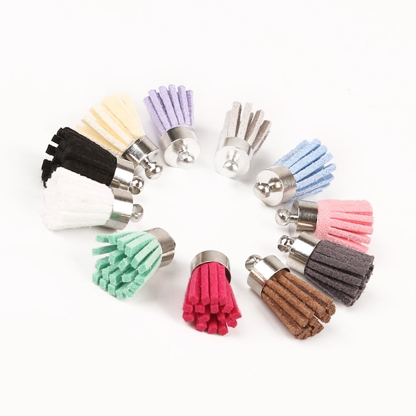 20pcs Mix Mini Suede Tassel with Silver Top Caps, Small Leather Tassel Charm Pendants 18mm