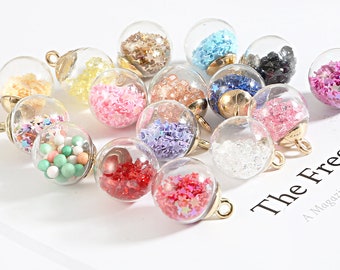 10 Glass Ball Charms Round Globe Glass Vial with Sparkly Confetti Star Charm - 15x21mm