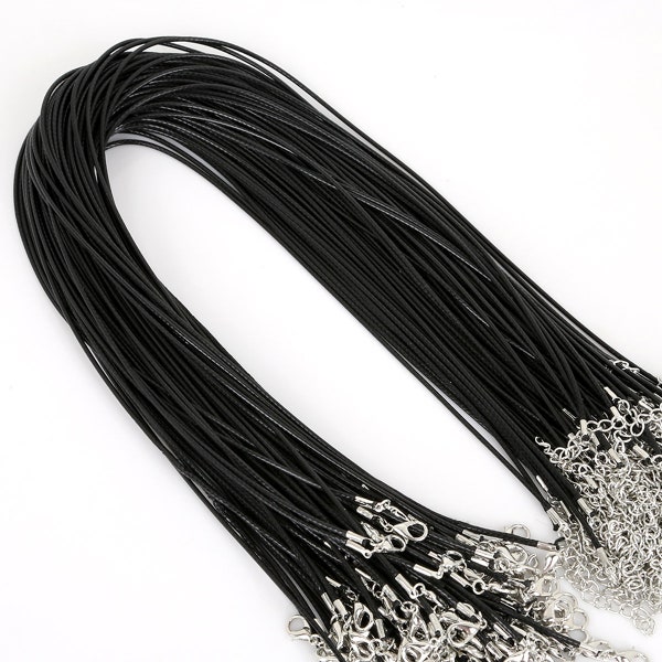 10 pièces 1.5mm/2mm noir cire serpent cuir collier cordon corde avec fermoir mousqueton, cordon de perles