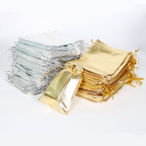 10pcs Foil Organza Pouches 4 Sizes, Organza Jewelry Bag, Gold Organza Bag, Silver Organza Bag, Gift Bags & Pouches, Drawable Organza Bags