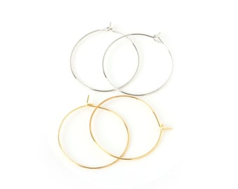 100pcs Gold or Silver Plated Beading Hoops 30mm, Earring Hoop Findings