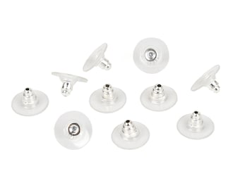 50 Pcs Clear Plastic Silver Earring Backs Earring Nuts Ear Post Stoppers - 11mmx6mm