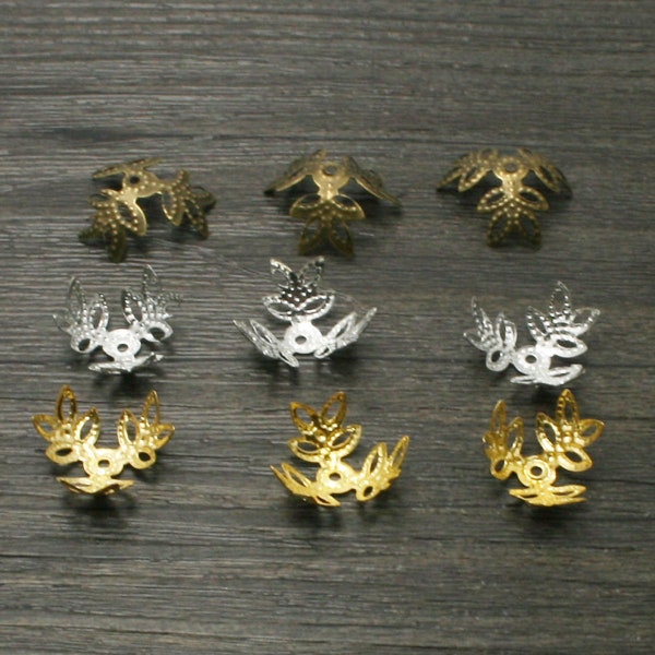 300 pcs Gold Silver Bronze Three Petal Filigree Leaf Bead Caps 14mm - Gold Leaf Filigree - Silver Leaf Filigree - Bronze Leaf Filigree