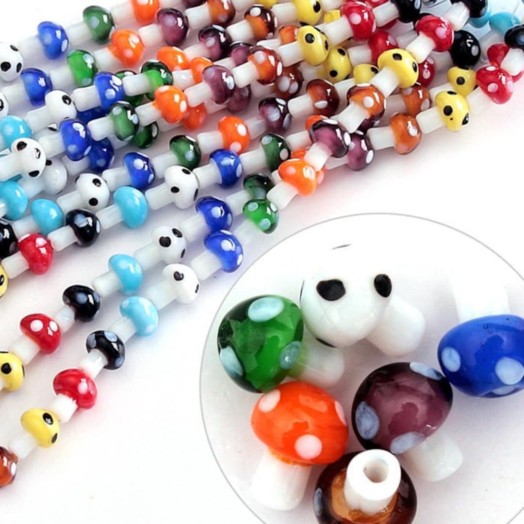 Mushroom Beads - 12mm Little Glass Mushroom Beads - Mixed Colors Set - 22  pcs set
