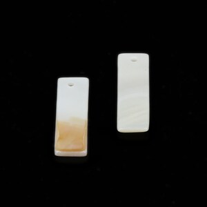 Può includere: Due ciondoli rettangolari a forma di conchiglia con un foro nella parte superiore per l'appeso. Un ciondolo è bianco con un gradiente marrone nella parte inferiore, l'altro è bianco con un motivo a spirale.