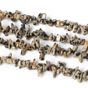 May include: Close-up of several strands of dalmatian jasper chip beads. The beads are a mix of beige, brown, and black, with a speckled pattern. The chips are irregular in shape and size, strung together to create a necklace or bracelet.