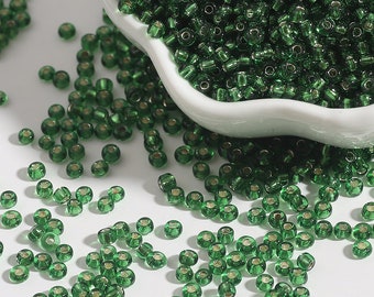 12/0 8/0 6/0 Green Rondelle Seed Beads 2mm 3mm 4mm - Silver Lined Green Glass Seed Beads - Green Rocailles - Green Seed Beads