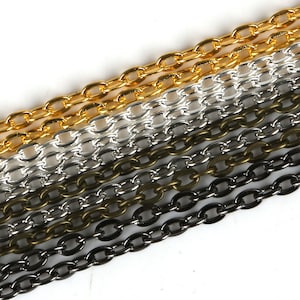 May include: A close-up of five different chain styles in gold, silver, black, and bronze. The chains are arranged in a diagonal line, with the gold chain at the top and the bronze chain at the bottom.
