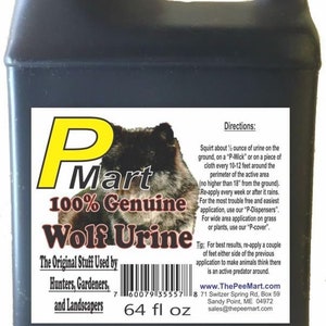 May include: A black plastic jug with a white label that reads "PMart 100% Genuine Wolf Urine". The label also states "The Original Stuff Used by Hunters, Gardeners, and Landscapers" and includes a barcode and the text "64 fl oz".