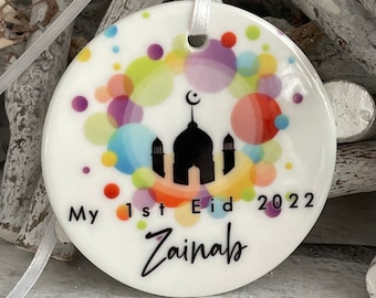 Baby’s 1st Eid Personalised Ceramic Watercolour Hanging Decoration,First Eid, Eid-Ul-Adha Baby Keepsake, Eid Mubarak Gift