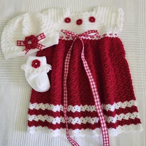 Handmade Crochet Baby Shower Gift/Baby Girl White/Red Dress Set 3-6M