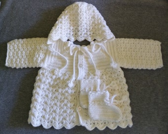 Handmade Crochet Baby Girl Shower White Sweaters-Jacket/Shoes/Hat Set 6-12M