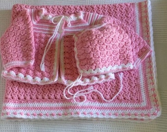 Handmade Crochet Baby Girls Shower Pink Afghan/Blanket Throws/Jacket/ Sweaters/Hat Set 6-9M