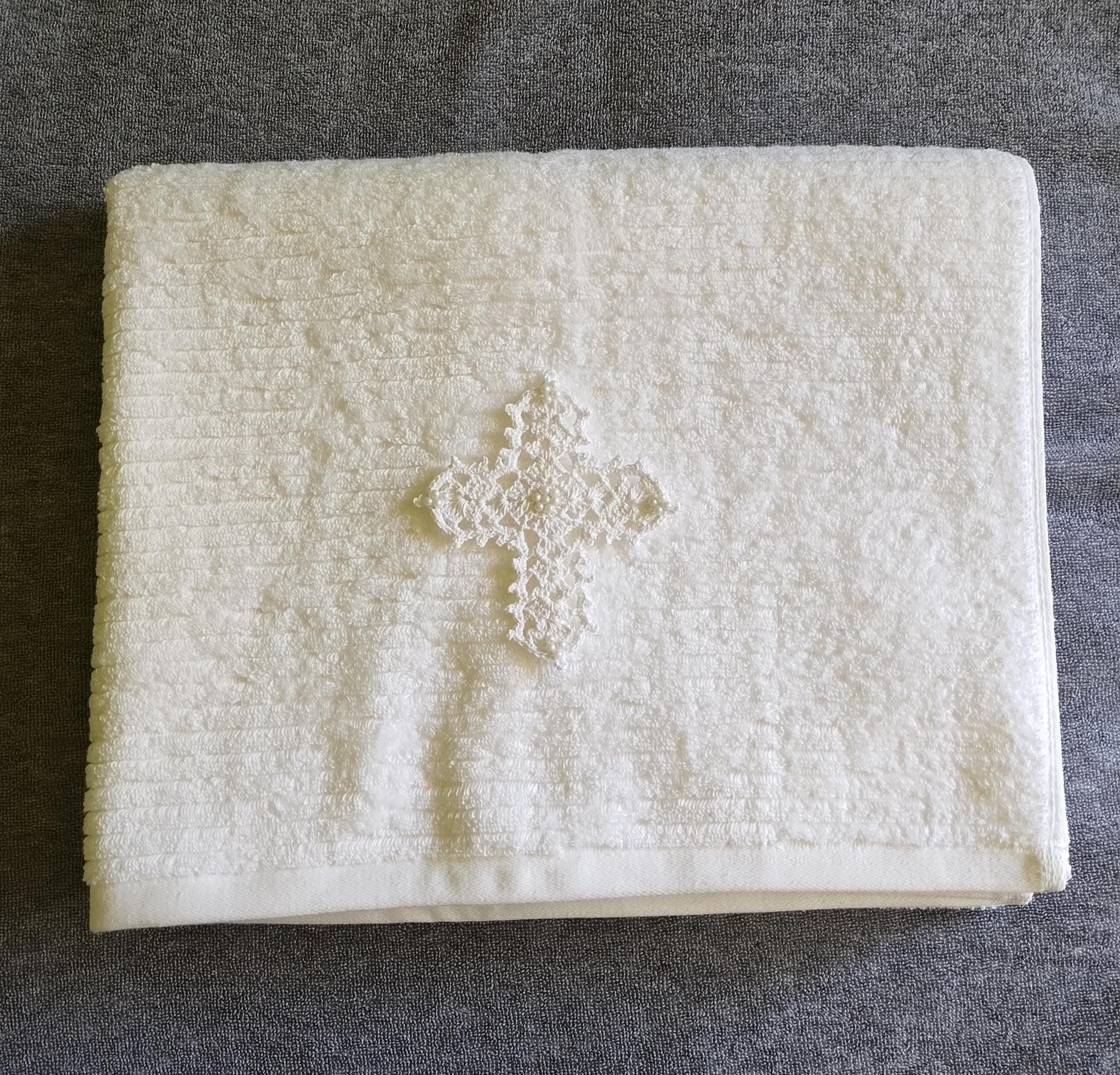 Handmade Crochet Baptism/Christening Cross Whit Hand Towel  28 in x 16 in