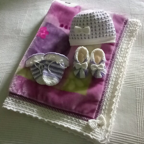 Handmade Crochet Baby Girls Shower Purple Afghan/Blanket Throws/Hat/Shoes/ Mittens Gloves 0-6M