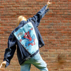Reworked Vintage Friendly Neighbourhood Wall-Crawling Spider Superhero Inspired Denim Jacket | Gifts for Him, Her & Them