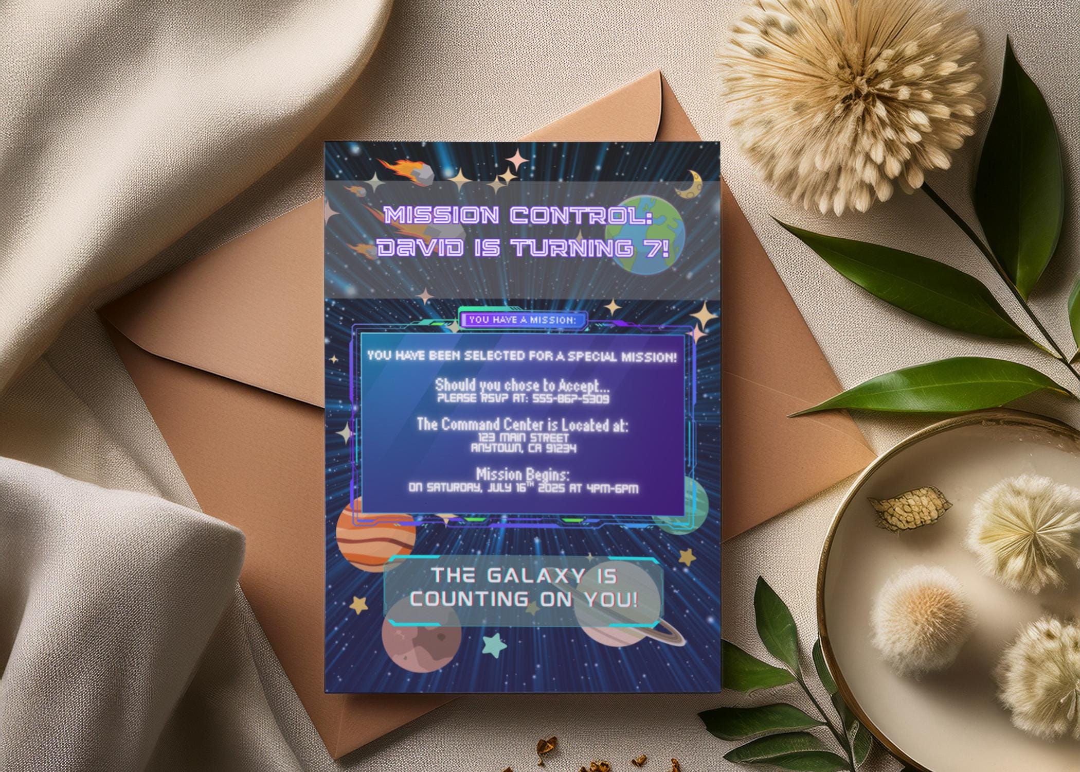 Mission Control Birthday Invitation Canva PRO Template