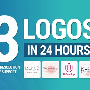 May include: A graphic design advertises creating three logos in 24 hours. The ad features a large white number 3, the text "LOGOS IN 24 HOURS!" and four examples of logos: "Neel Ten", "Harumy", "UiDevelop", and "Kimberly".