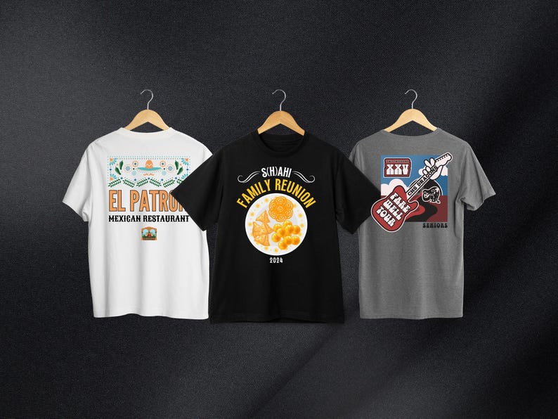 May include: Three t-shirts with different designs. The first t-shirt is white with a green, yellow, and red design that says "El Patron Mexican Restaurant". The second t-shirt is black with a yellow and orange design that says "Sihai Family Reunion 2024". The third t-shirt is gray with a red, blue, and white design that says "XXV Take Me Back Tour".
